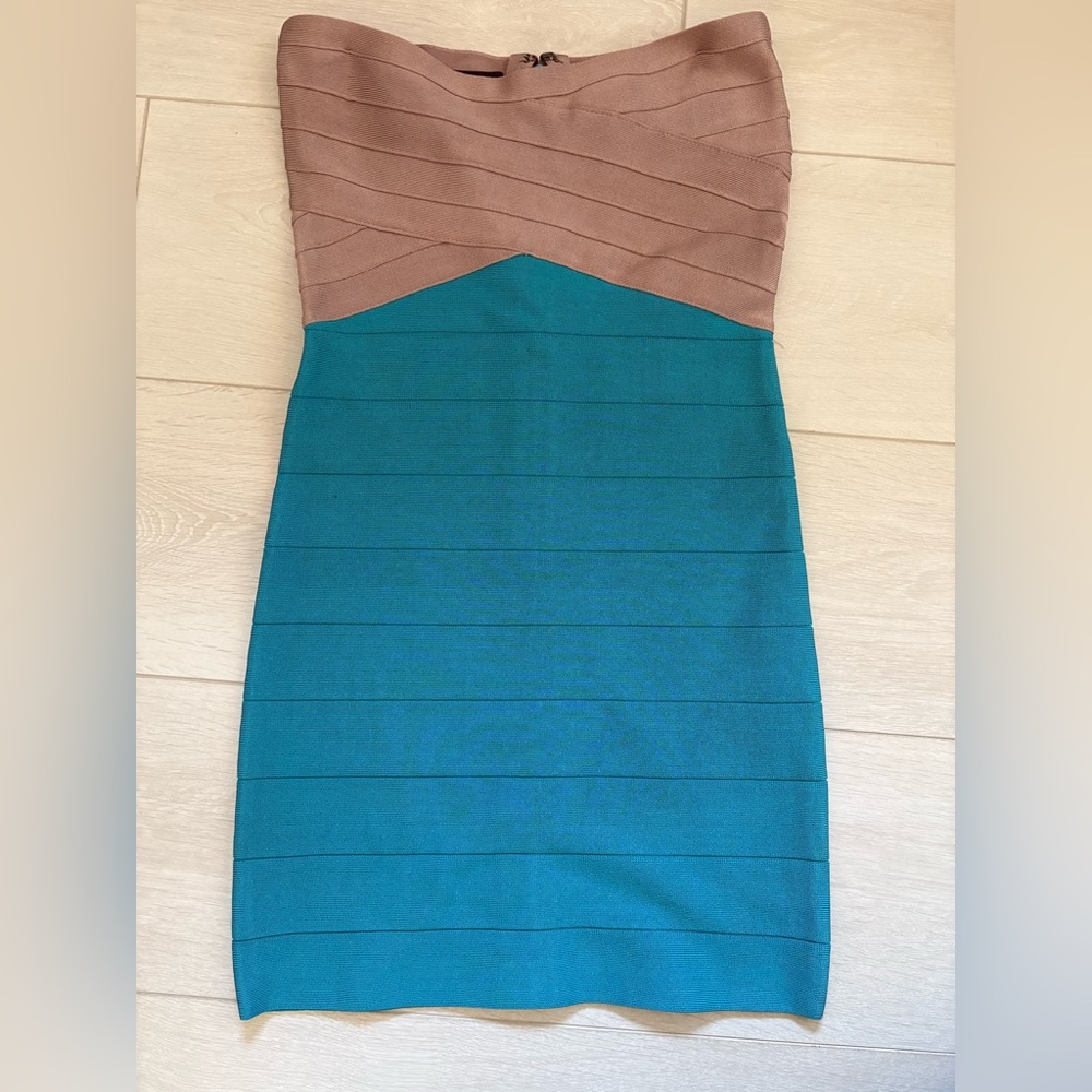bebe Strapless Teal and Brown Dress